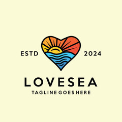 Love Ocean Logo Colorful Vector, Sea Icon Symbol, Beach Creative Vintage Graphic Design