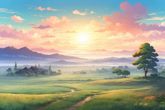 Countryside during a misty morning sunrise. Without people. In anime Style