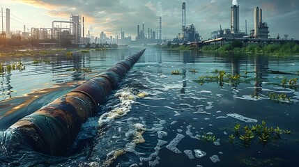 Wastewater pipes from industrial plants which is a large pipe made of metal. The wastewater flowing from the pipe is black and cloudy.  Used to campaign to make people aware of environmental problems. - obrazy, fototapety, plakaty