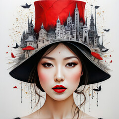 Ai generative portrait of an Asian woman with fantasy castles and a red hat emerging from her head