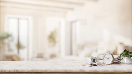 A luxury white marble tabletop with a copy space with a blurred elegant living room.