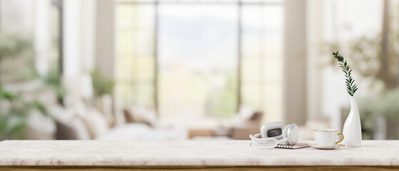 A presentation space on a desk set against a blurred background of a modern, bright living room.