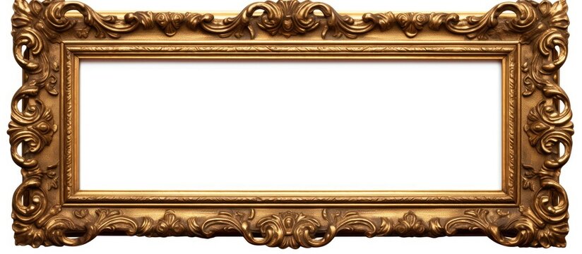 A gilded gold frame designed for paintings, mirrors, or photos, stands out against a plain white background.