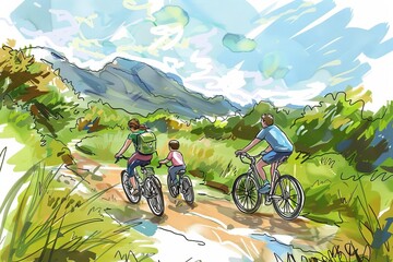 Cartoon cute doodles of families going on a bike ride together along a scenic trail, Generative AI
