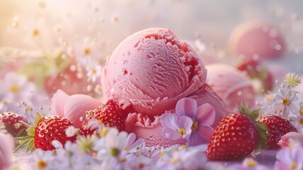 Fototapeta na wymiar Delicate strawberry ice cream scoop amidst pink blossoms with splashing syrup