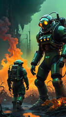 Fototapeta premium Astronaut and alien floating together in space