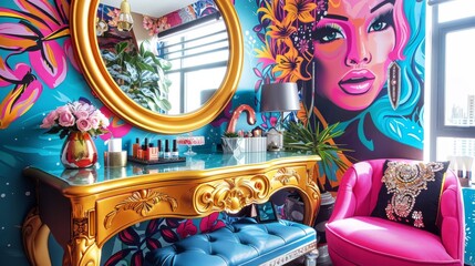 A golden vanity set in a room with vivid pop art and plush pink seating; exudes bold style and...