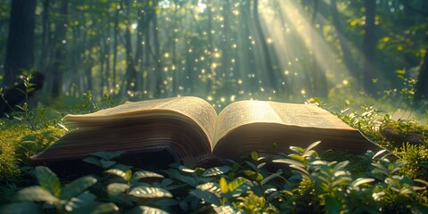 Sunlight filters through the forest canopy onto an open book in a tranquil setting - obrazy, fototapety, plakaty