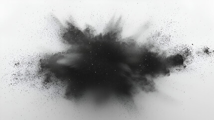 Black charcoal powder dust paint white explosion explode burst isolated splatter abstract. Powder charcoal background black smoke particles on white background.  generative ai