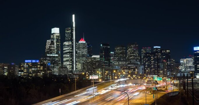 Philadelphia Skyline and Highway Timelapse at Night