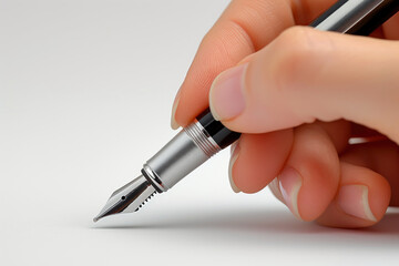 Hand holding a pen ball isolated on gray background