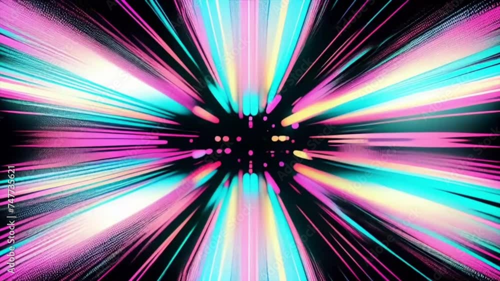 Poster panoramic neon lines abstract retro color looping motion on black background with copy space area in