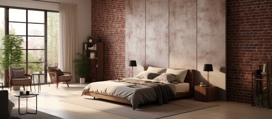 A stylish bedroom featuring brick walls and a large bed. The room also includes a folding screen positioned near the brick wall.