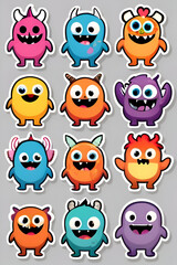 Obraz premium Set of cute monsters stickers in cartoon style. Vector illustration for your design