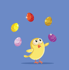 Easter Chick Juggling Colorful Eggs Vector Cartoon illustration. Cheerful design of a baby chicken playing with Easter eggs 
