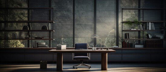 A dark room is illuminated by soft window light, revealing a simple desk and chair. The furniture sits still, creating a stark contrast to the dim surroundings.