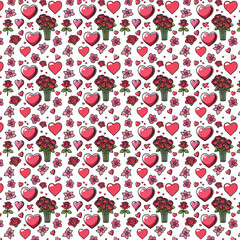 Patterned design consisting of various cute elements. There are bright red hearts, bouquets of roses, and individual flowers scattered throughout. Wrapping paper, textiles, or as a wallpaper design