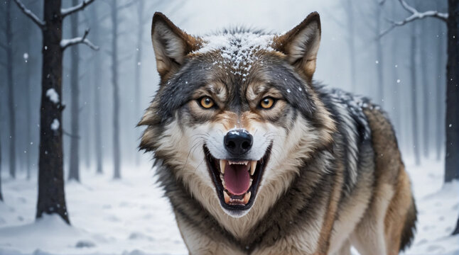 An angry wolf in a forest full of snow.