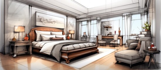 An interior sketch design of a bedroom featuring a large bed as the central focal point. The room is detailed with various furniture and decor items.