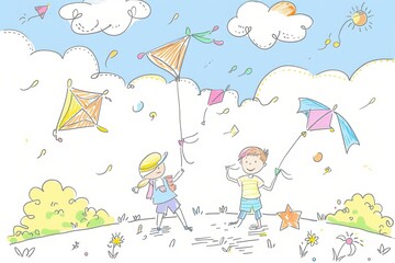 Cartoon cute doodles of children flying kites on a sunny day, with colorful kites soaring in the sky, Generative AI