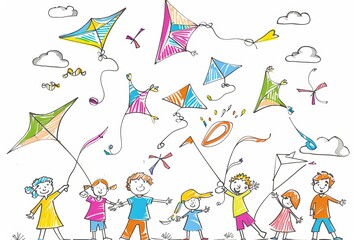 Obraz premium Cartoon cute doodles of children flying kites on a sunny day, with colorful kites soaring in the sky, Generative AI