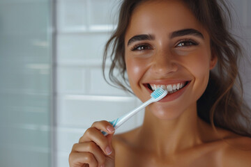 a woman holding toothbrush and smiling with beautiful teeth
