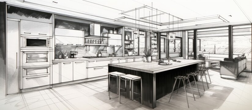 Black and white ink sketch of an interior design project showcasing a modern kitchen with a center island. The blueprint features sleek countertops, cabinets, appliances,