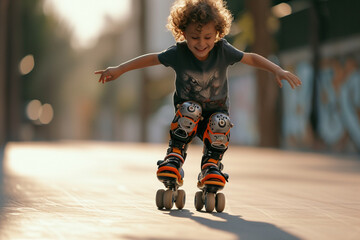 young boy kid playing roller skates bokeh style background