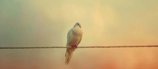 A white bird, likely a dove, is perched confidently on an electric wire, set against a clear sky background. The birds feathers stand out in stark contrast against the blue sky, showcasing its elegant