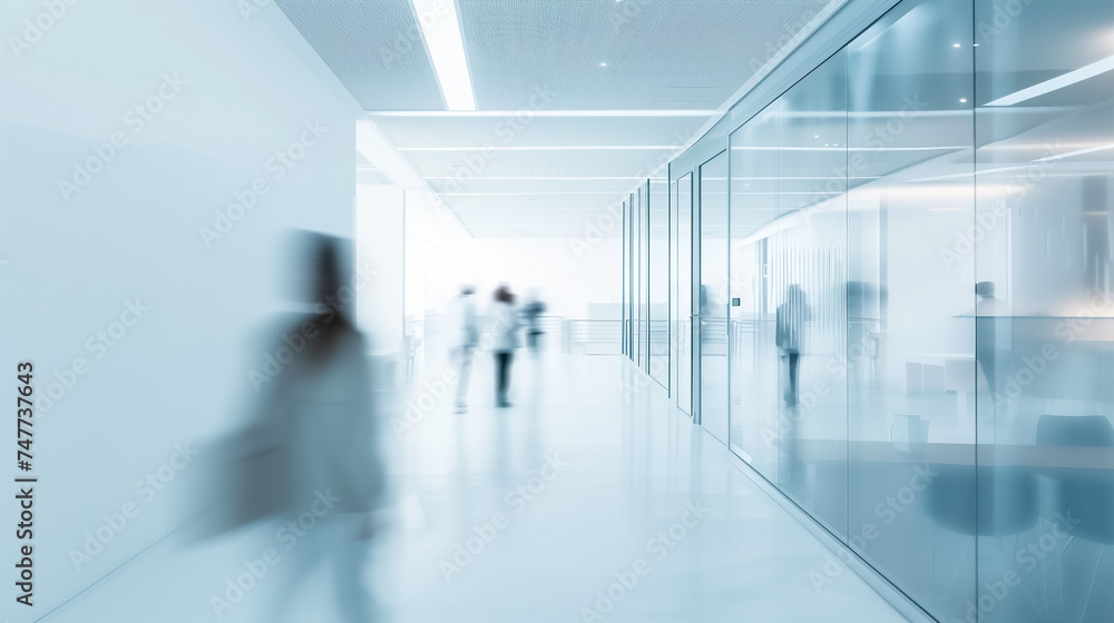 Sticker Blurred businesspeople walking through a modern corporate office corridor with sleek glass walls and a minimalist white interior design