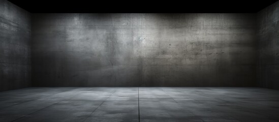 An empty room with smooth concrete walls and floor, creating a minimalist and abstract architectural background. The dark tones give a sense of industrial simplicity and modern design. - obrazy, fototapety, plakaty