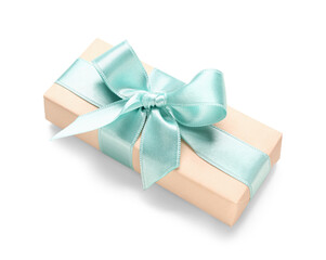 Pink gift box with blue bow on white background. International Women's Day
