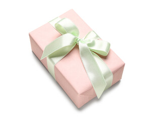 Pink gift box on white background. International Women's Day