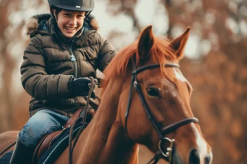 Fototapeten young boy riding horse bokeh style background © toonsteb