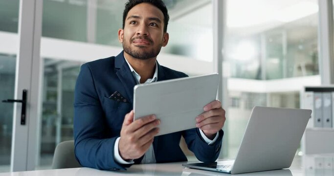 Business man, thinking of ideas and tablet for investment, email or stock market solution in office. Young trader or corporate employee with vision, online goals or target with digital technology