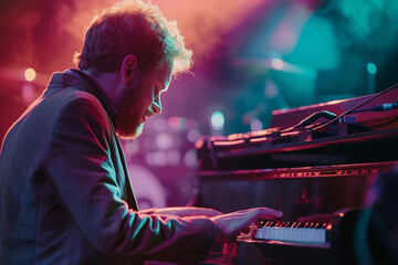 male keyboard player playing the keyboard in the concert bokeh style background