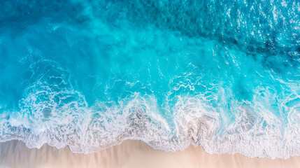 Aerial view of turquoise sea waves meeting a sandy beach - perfect for travel, summer vacation, and tropical destinations concepts