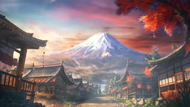 Fantasy natural scenery in Japan with beautiful traditional houses. 4K live wallpaper animation