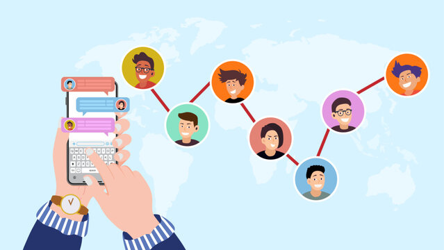 Human hand holding smartphone with social messenger of Group chat or online conference all over the world, Avatars and human face icon with global connectivity and communication concept. Vector.