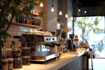 Fototapeta na wymiar Coffee making equipment in the coffee shop bokeh style background