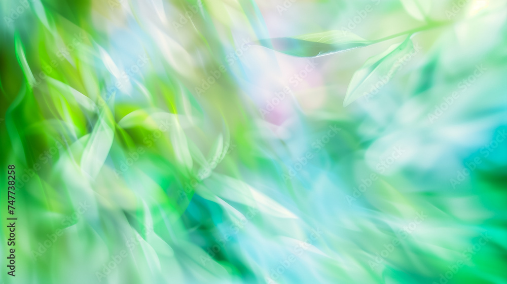 Poster abstract soft-focus background of lush greenery with light bokeh, suitable for springtime themes or 