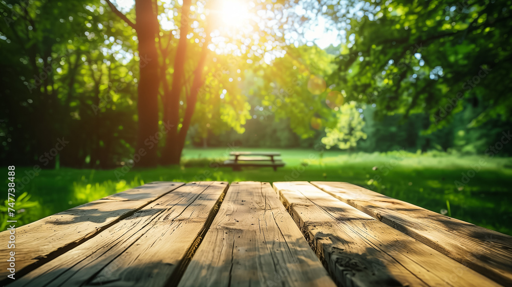 Poster Rustic wooden tabletop against a serene sunlit park with green trees and an empty picnic bench, depicting summer leisure and outdoor relaxation