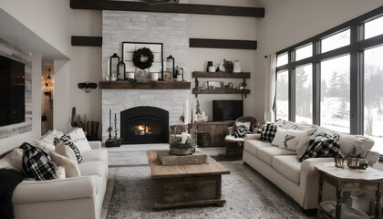 beautiful modern living room with fireplace and black and white decor - obrazy, fototapety, plakaty