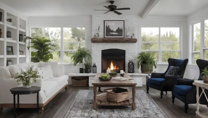 Fototapeta premium beautiful modern living room with fireplace and black and white decor