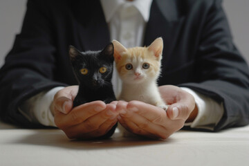 business man holding cat model pet  insurance concept bokeh style background