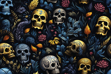seamless pattern with multicolored skulls in flowers on dark background. Festive rock texture for decoration of textiles and fabrics for Halloween and Dia De Muertos - obrazy, fototapety, plakaty