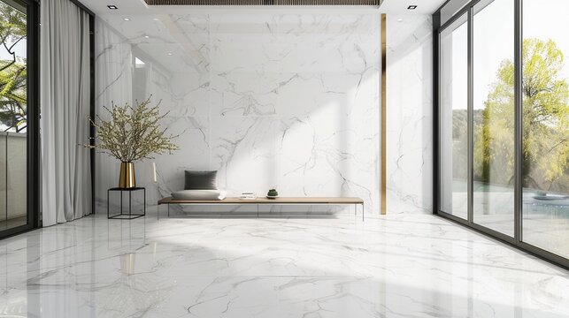 Interior of modern living room with white marble walls, tiled floor, panoramic window and comfortable sofa.