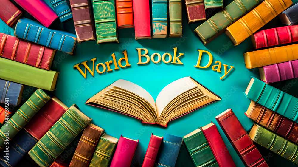 Poster colorful hardcover books arranged in a circular pattern around an open book with the text world book
