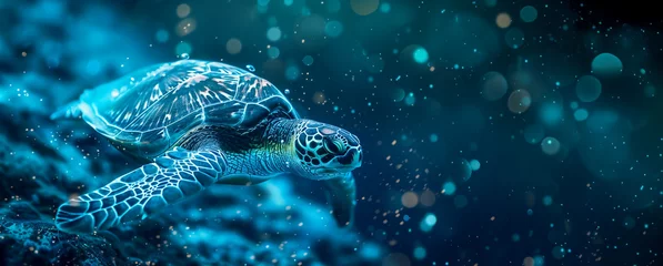 Tafelkleed Majestic sea turtle swimming in a tranquil ocean, with a shimmering bokeh effect background, highlighting the beauty of marine life © fotogurmespb