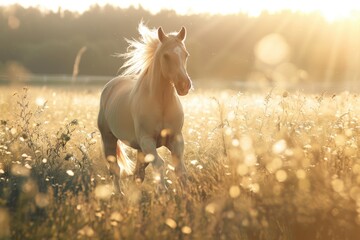Beautiful breed horse running in the field in summer - obrazy, fototapety, plakaty